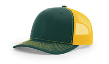 Richardson 112 Trucker Hat in Dark Green and Gold with structured front, mesh back, pre-curved visor, and adjustable snapback closure.