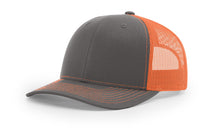 Charcoal and light neon orange Richardson 112 trucker hat—vibrant and stylish, ideal for custom embroidery and high-visibility branding.