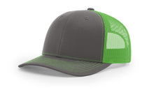 Charcoal and neon green Richardson 112 trucker hat—bold, vibrant colors perfect for custom embroidery and standout branding.