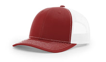 Richardson 112 Trucker Hat in Cardinal and White with structured front, mesh back, pre-curved visor, and adjustable snapback closure.
