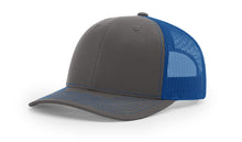 Richardson 112 Trucker Hat in Charcoal Blue and Khaki with structured front, mesh back, pre-curved visor, and adjustable snapback closure.
