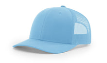 Richardson 112 Trucker Hat in Columbia Blue with structured front, mesh back, pre-curved visor, and adjustable snapback closure.