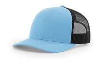 Richardson 112 Trucker Hat in Columbia Blue and Black with structured front, mesh back, pre-curved visor, and adjustable snapback.