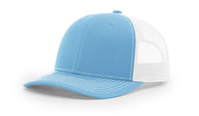 Richardson 112 Trucker Hat in Columbia Blue and White with structured front, mesh back, pre-curved visor, and adjustable snapback closure.