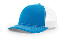 Richardson 112 Trucker Hat in Cyan and White with structured front, mesh back, pre-curved visor, and adjustable snapback closure.