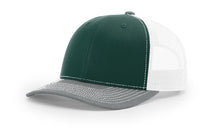 Richardson 112 Trucker Hat in Dark Green, White, and Heather Grey with structured front, mesh back, and adjustable snapback closure.
