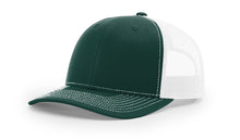 Richardson 112 Trucker Hat in Dark Green and White with structured front, mesh back, pre-curved visor, and adjustable snapback closure.