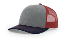 Richardson 112 Trucker Hat in Heather Grey, Cardinal, and Navy with structured front, mesh back, and adjustable snapback closure.