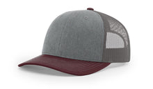 Richardson 112 Trucker Hat in Heather Grey, Charcoal, and Maroon with structured front, mesh back, and adjustable snapback closure.