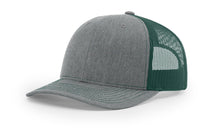 Richardson 112 Trucker Hat in Heather Grey and Dark Green with structured front, mesh back, pre-curved visor, and snapback closure.