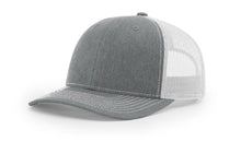 Richardson 112 Trucker Hat in Heather Grey and Light Grey with structured front, mesh back, curved visor, and snapback closure.