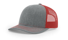 Richardson 112 Trucker Hat in Heather Grey and Red with structured front, white mesh back, pre-curved visor, and snapback closure.