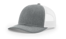 Richardson 112 Trucker Hat in Heather Grey and White with structured front, mesh back, pre-curved visor, and adjustable snapback closure.