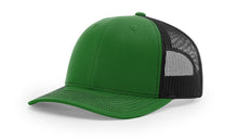 Richardson 112 Trucker Hat in Kelly Green and Black with structured front, mesh back, pre-curved visor, and adjustable snapback closure.