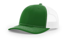 Richardson 112 Trucker Hat in Kelly Green and White with structured front, mesh back, pre-curved visor, and adjustable snapback closure.