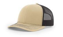 Richardson 112 Trucker Hat in Khaki and Black with structured front, mesh back, pre-curved visor, and adjustable snapback closure.