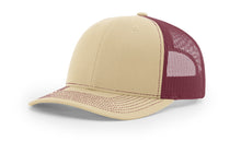 Richardson 112 Trucker Hat in Khaki and Burgundy with structured front, mesh back, pre-curved visor, and adjustable snapback closure.