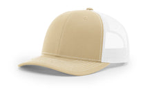 Richardson 112 Trucker Hat in Khaki and White with structured front, mesh back, pre-curved visor, and adjustable snapback closure.