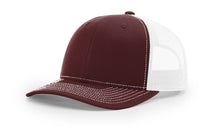 Richardson 112 Trucker Hat in Maroon and White with structured front, mesh back, pre-curved visor, and adjustable snapback closure.