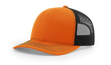 Richardson 112 Trucker Hat in Orange and Black with structured front, mesh back, pre-curved visor, and adjustable snapback closure.
