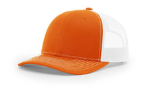 Richardson 112 Trucker Hat in Orange and White with structured front, mesh back, pre-curved visor, and adjustable snapback closure.