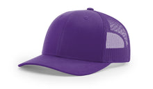 Richardson 112 Trucker Hat in Purple with structured front, mesh back, pre-curved visor, and adjustable snapback closure.