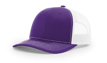 Richardson 112 Trucker Hat in Purple and White with structured front, mesh back, pre-curved visor, and adjustable snapback closure.
