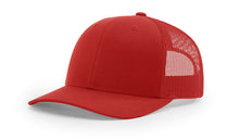 Richardson 112 Trucker Hat in Red with structured front, mesh back, pre-curved visor, and adjustable snapback closure.