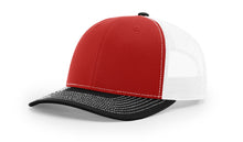 Richardson 112 Trucker Hat in Red, White, and Black Tri-Color with structured front, mesh back, pre-curved visor, and adjustable snapback closure.