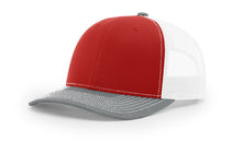 Richardson 112 Trucker Hat in Red, White, and Heather Grey with structured front, mesh back, pre-curved visor, and adjustable snapback closure.