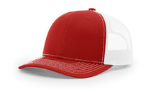 Richardson 112 Trucker Hat in Red and White with structured front, mesh back, pre-curved visor, and adjustable snapback closure.