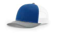 Richardson 112 Trucker Hat in Royal Blue, White, and Heather Grey with structured front, mesh back, pre-curved visor, and adjustable snapback closure