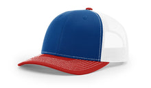 Richardson 112 Trucker Hat in Royal Blue, White, and Red Tri-Color with structured front, mesh back, pre-curved visor, and adjustable snapback closure.