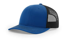 Richardson 112 Trucker Hat in Royal Blue and Black with structured front, mesh back, pre-curved visor, and adjustable snapback closure.