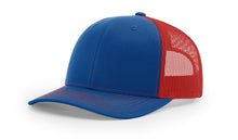 Richardson 112 Trucker Hat in Royal Blue and Red with structured front, mesh back, pre-curved visor, and adjustable snapback closure.