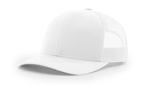 Richardson 112 Trucker Hat in White with structured front, mesh back, pre-curved visor, and adjustable snapback closure.