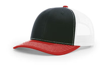 Richardson 112 Trucker Hat in Black, White, and Red Tri-Color with structured front, mesh back, pre-curved visor, and adjustable snapback closure