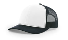 Richardson 112 Trucker Hat in White and Navy with structured front, mesh back, pre-curved visor, and adjustable snapback closure.