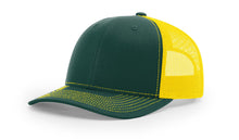 Richardson 112 split dark green and yellow trucker hat with adjustable closure—great for custom embroidery or team branding.