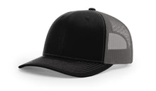 Richardson 112 trucker hat in black and charcoal grey, featuring mesh back and structured front—ideal for custom embroidery.