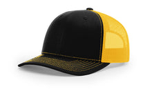 Richardson 112 trucker hat in black and gold with mesh back—perfect for standout custom embroidery and bold brand visibility