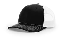 Richardson 112 trucker hat in black and white with breathable mesh—perfect canvas for custom logos or everyday casual wear.
