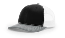 Richardson 112 trucker hat in black, white, and heather grey—classic, versatile style perfect for custom embroidery or casual wear.