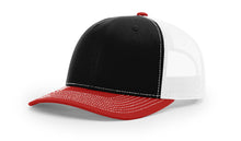 Richardson 112 trucker hat in black, white, and red tri-color design—stylish and ideal for custom embroidery or team branding.
