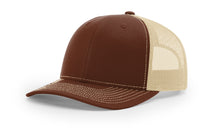 Richardson 112 trucker hat in brown and khaki with a mesh back—perfect for custom embroidery or adding a rustic touch to any outfit.