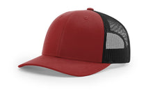 Richardson 112 trucker hat in cardinal red and black, offering a bold style with mesh back—ideal for custom embroidery and branding.