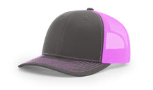 Richardson 112 trucker hat in charcoal and Neon Pink, blending modern style with perfect potential for custom embroidery and standout branding