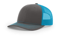 Richardson 112 trucker hat in charcoal and navy blue, offering a timeless look perfect for custom embroidery and everyday wear.
