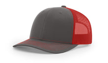Richardson 112 trucker hat in charcoal and red, combining a sleek design with bold color accents—perfect for custom embroidery.
