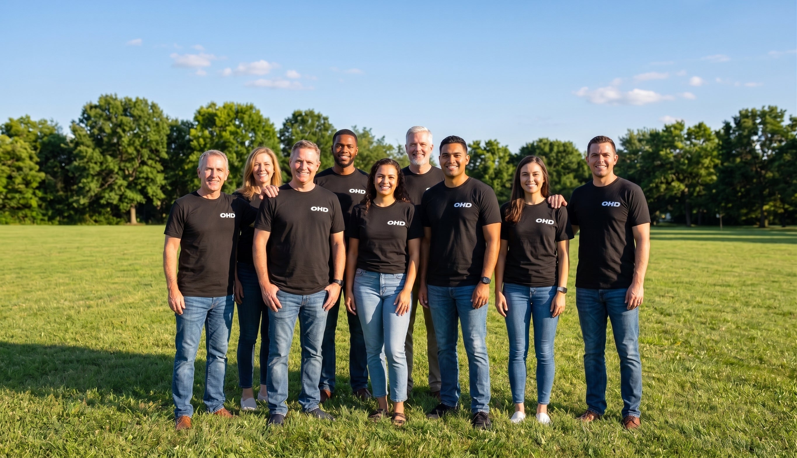 Nine-person team wearing matching black custom embroidered OHD branded t-shirts